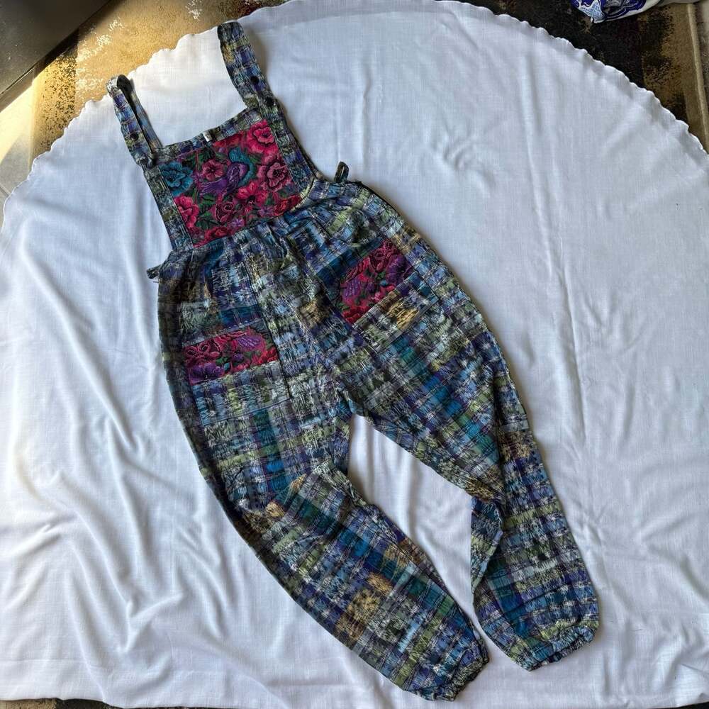 Guatemalan Patchwork Overalls Jumpsuit with Floral Tapestry Bib